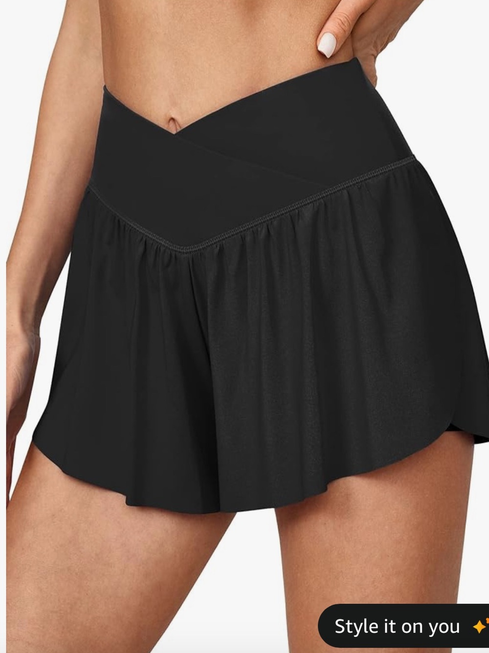 Women's Black Crossover Waist AthleticActive Dolphin Shorts with Built-In Shorts